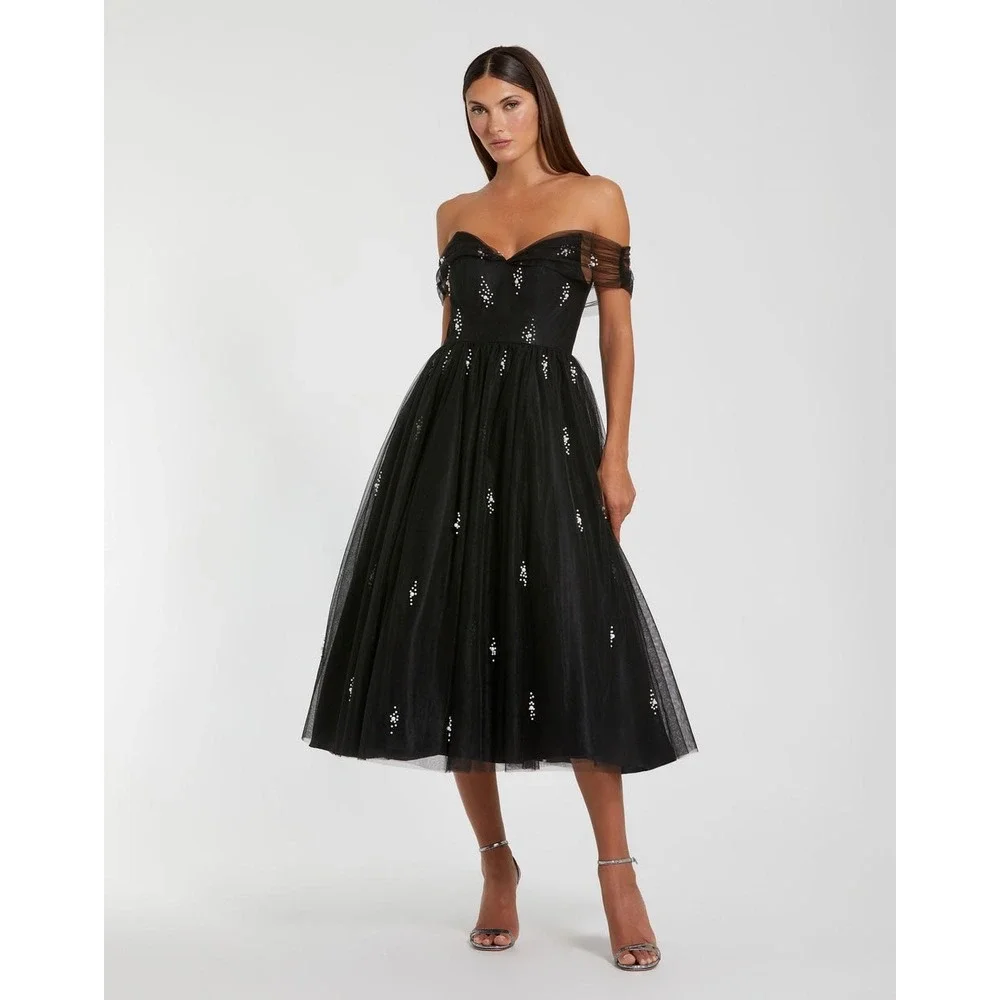 Mac Duggal Off The Shoulder Black Pearl‎ Embellished Tulle Cocktail Dress Size 2